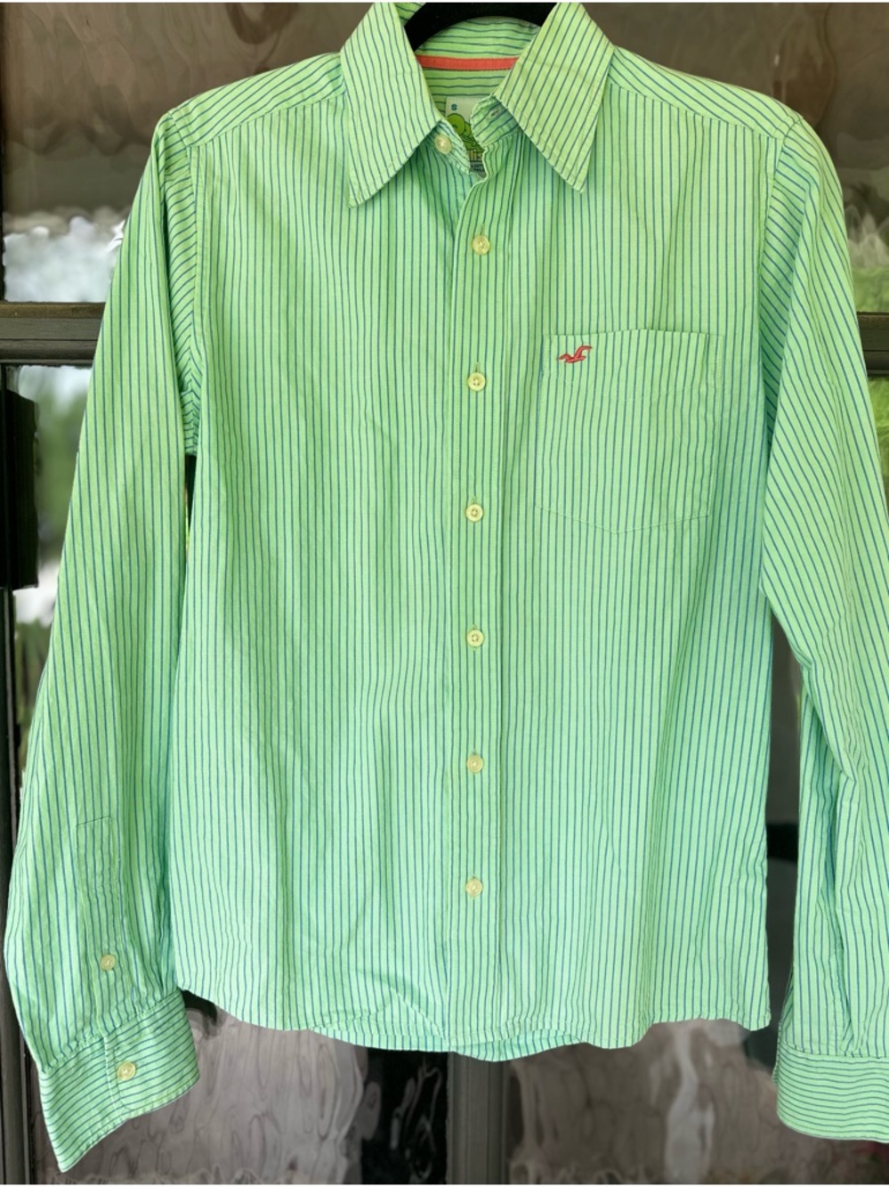 Y2K Hollister Men’s Green Blue Striped Button Up Shirt Volcano Wave Tag S